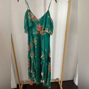 New - Green Floral Print Cold-Shoulder Midi Dress